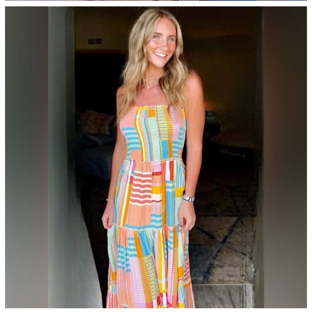 Abel the Label Anthropologie Patchwork Strapless Tiered Maxi Dress Small Smocked - Picture 3 of 10